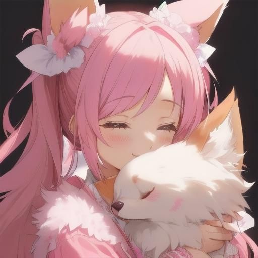 Girl with Pink Pigtails Playing with Fluffy Fox