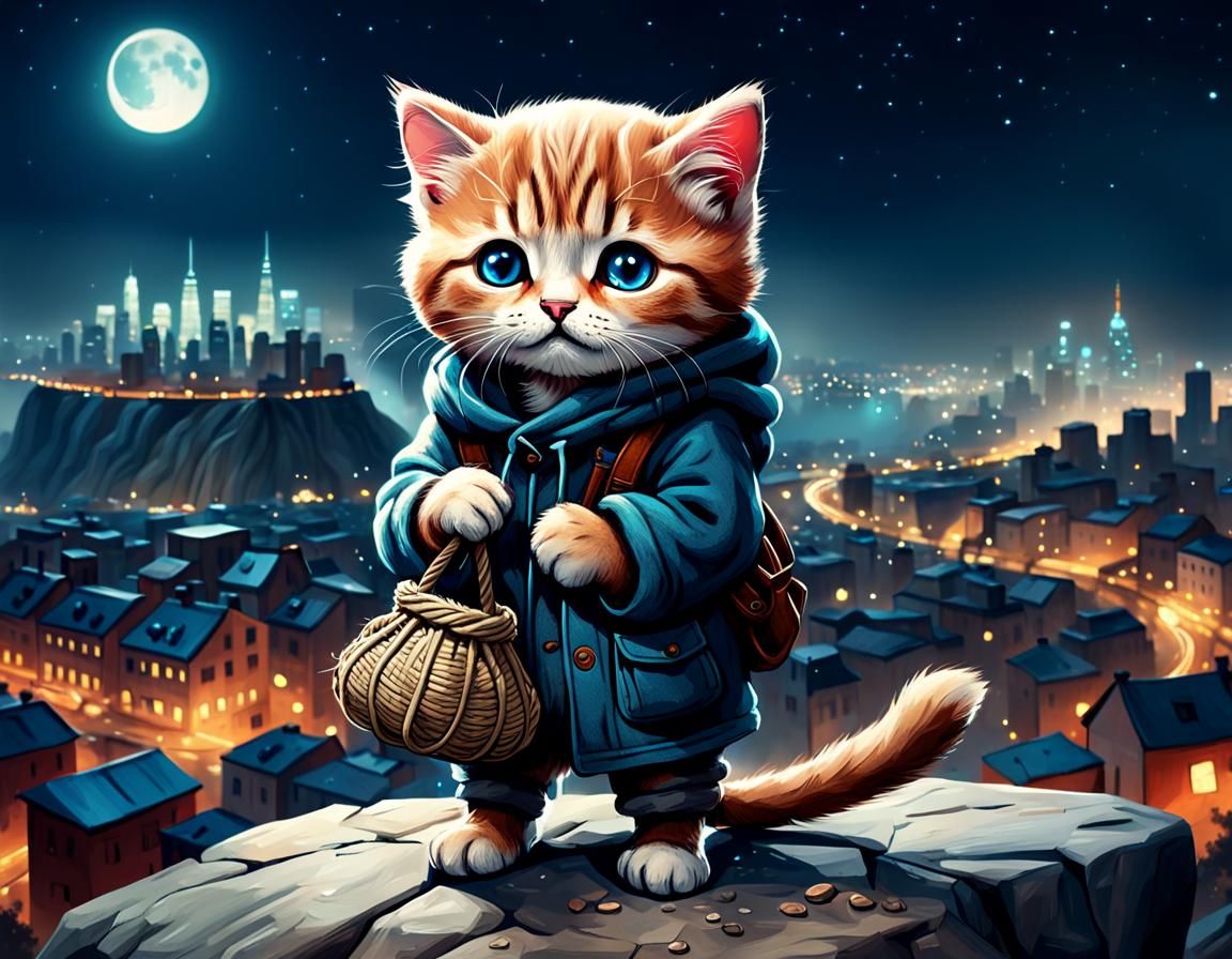 Sad Kitten Overlooking City at Night
