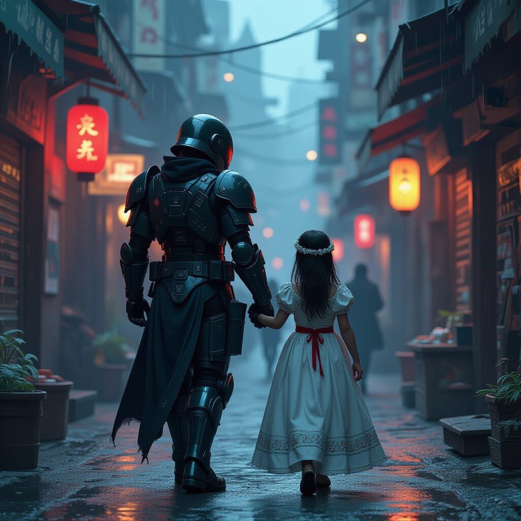 Armored Soldier and Princess in Cyberpunk Alley