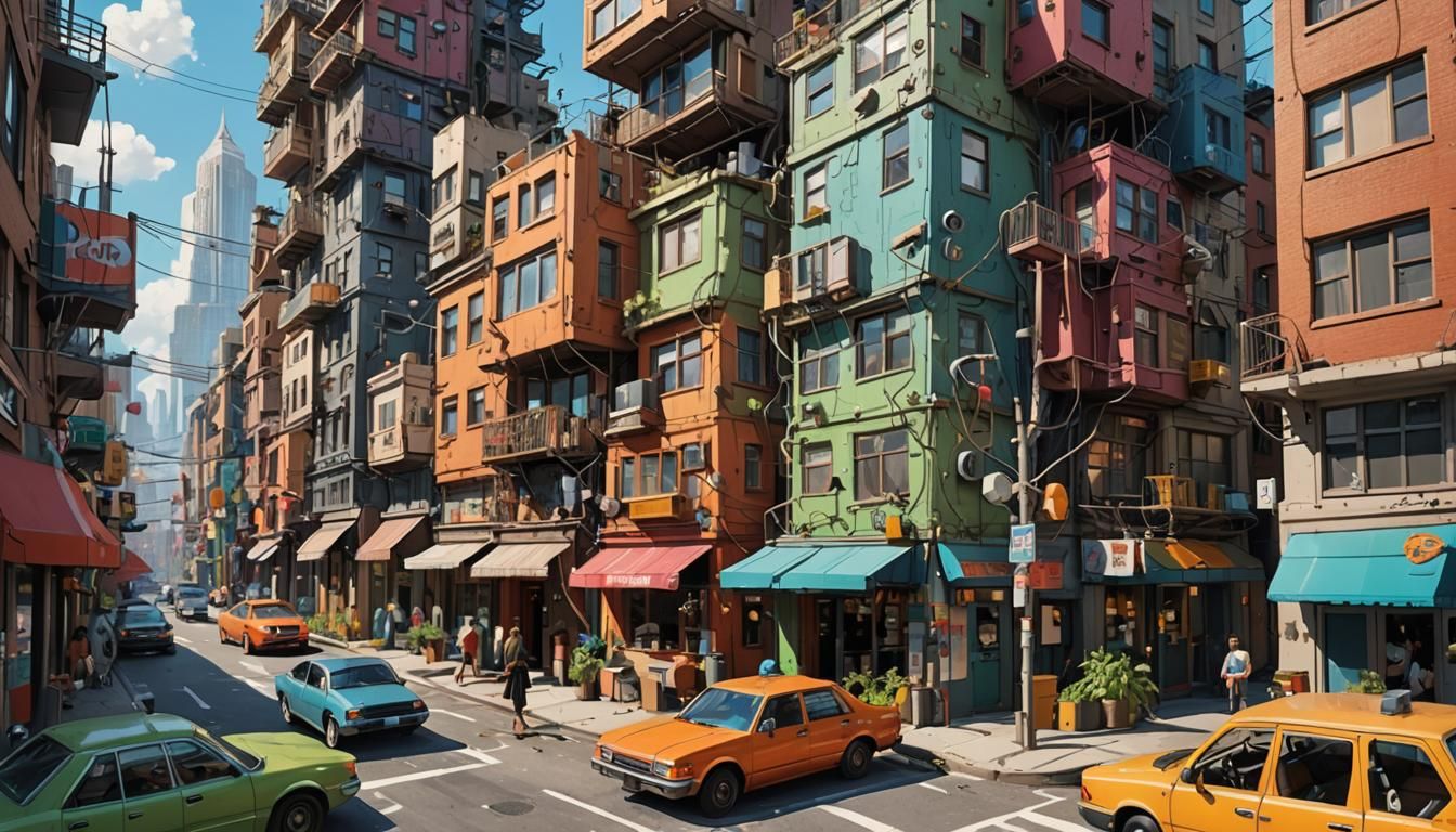 Vibrant Cityscape Concept Art Inspired by Studio Ghibli