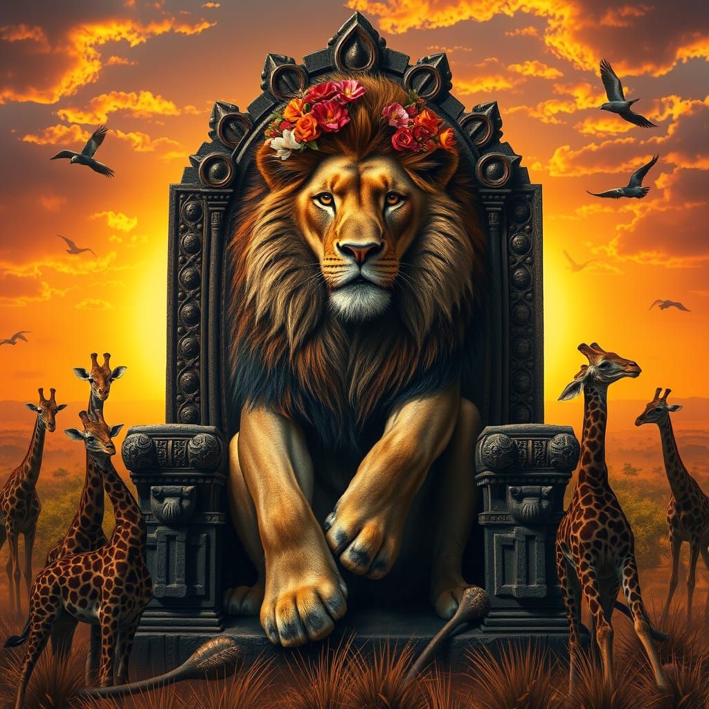 Regal Lion King Surrounded by Wildlife in a Fantastical Sava...