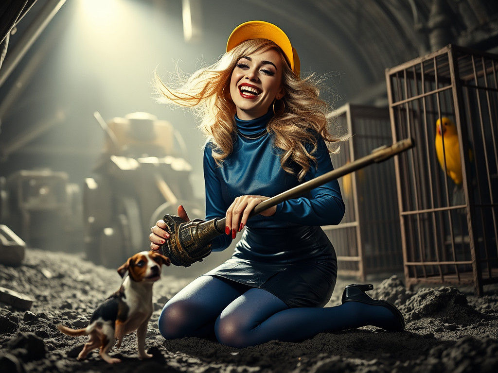 Glamorous Lady Jackhammering in Coal Mine, Digital Art