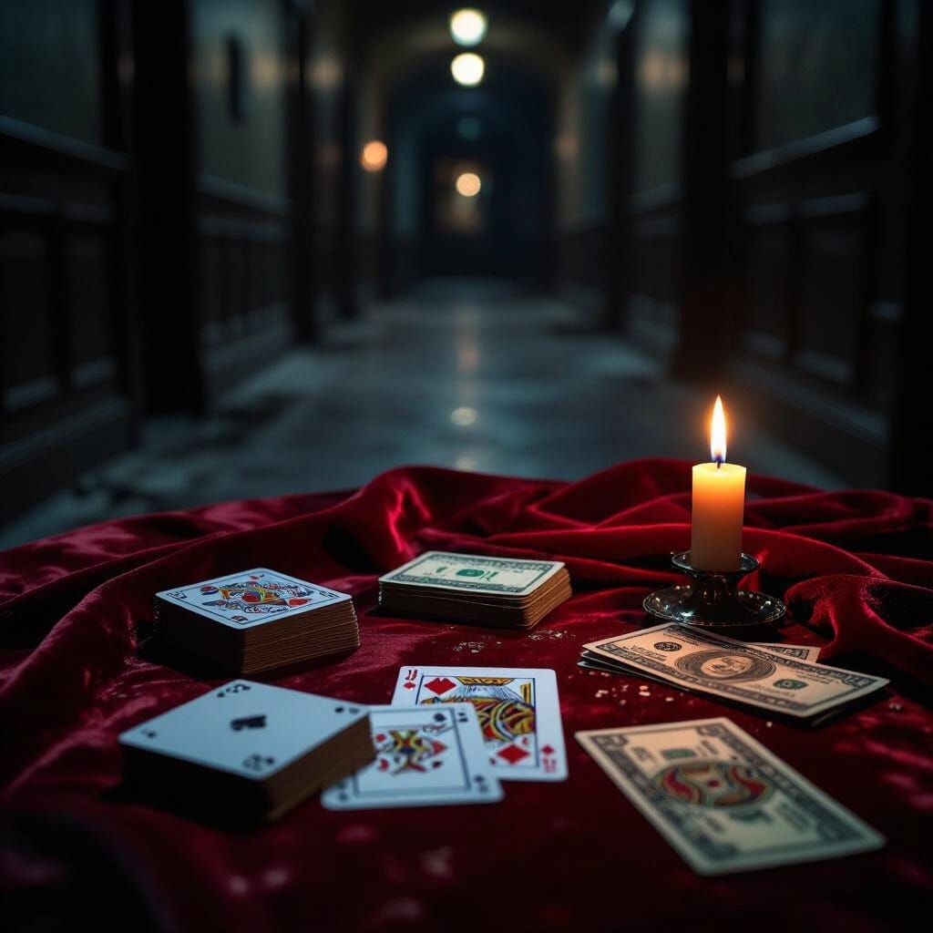 Cinematic Scene: Tarot, Money, and Candle in Dim Light