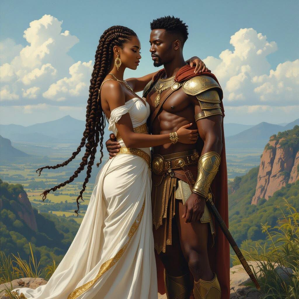 African Gods Embrace in Divine Oil Painting