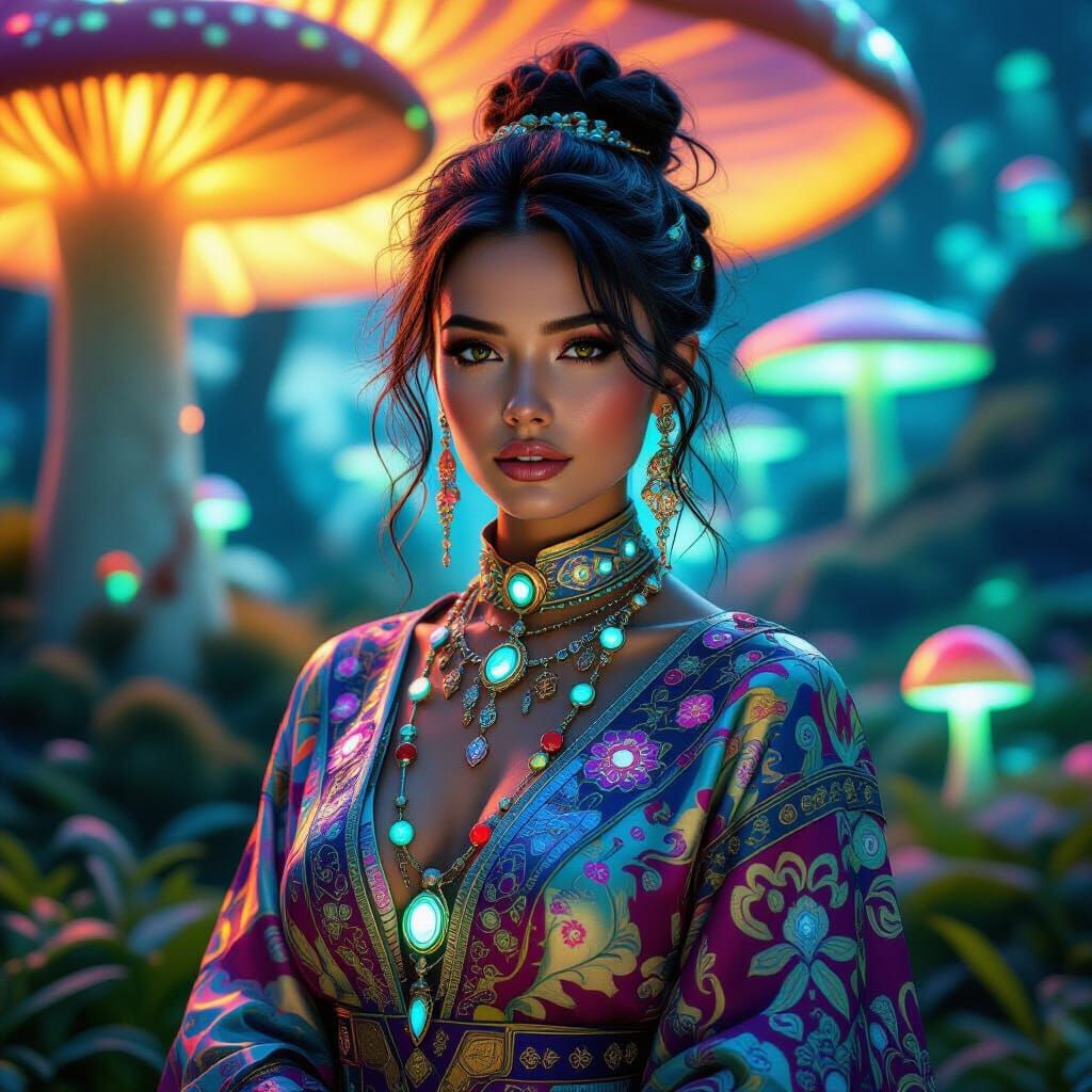 Bioluminescent Valley: Hyperrealistic Woman in Futuristic Je...