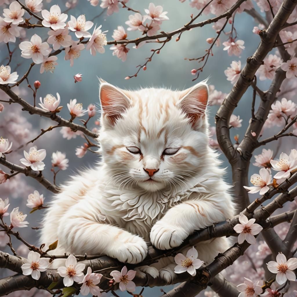 Sleeping Kittens on Cherry Blossoms: Ethereal Dreamscape