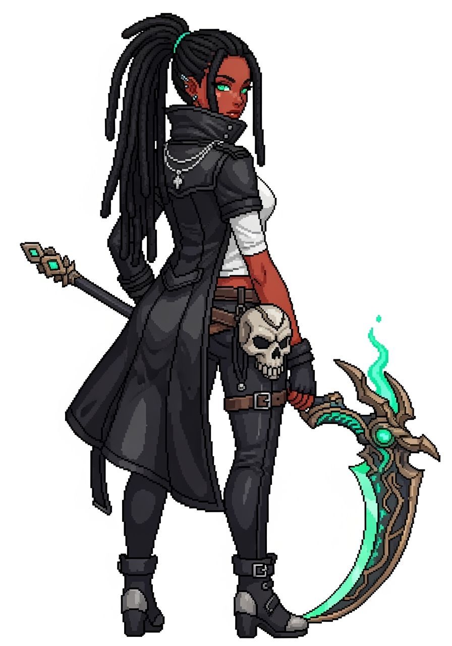 Fantasy Female Character with Scythe in Pixel Art Style
