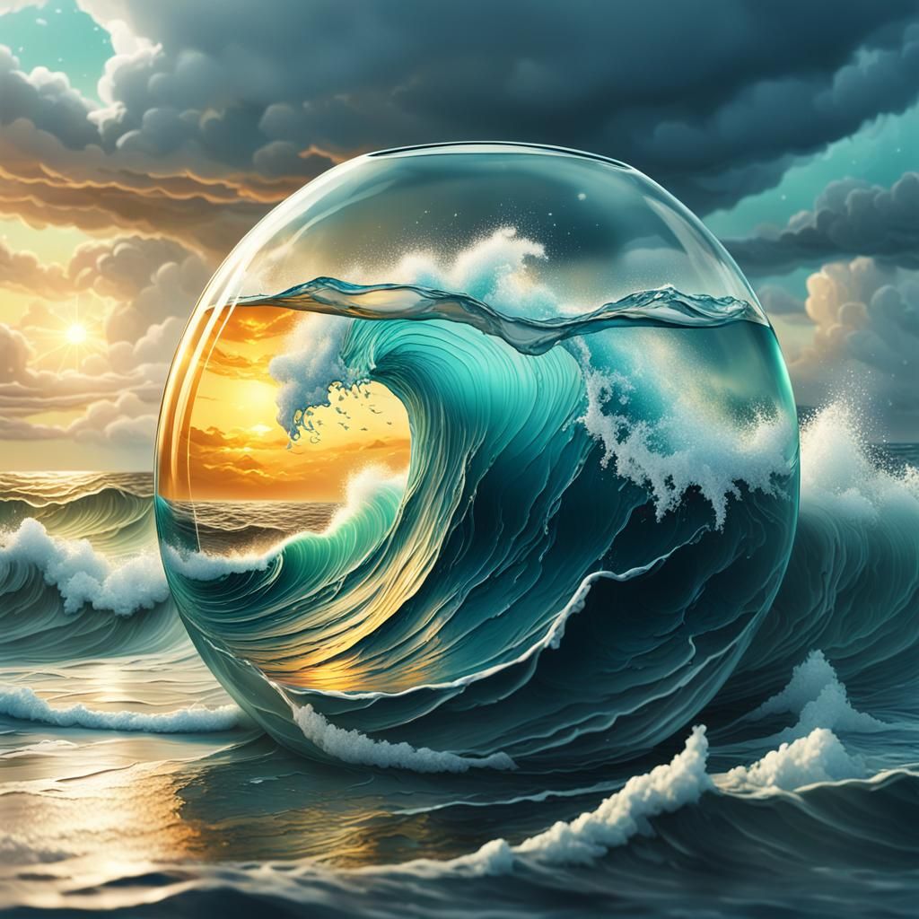 Stormy Sea in Glass Container: Hyper-Realistic Concept Art