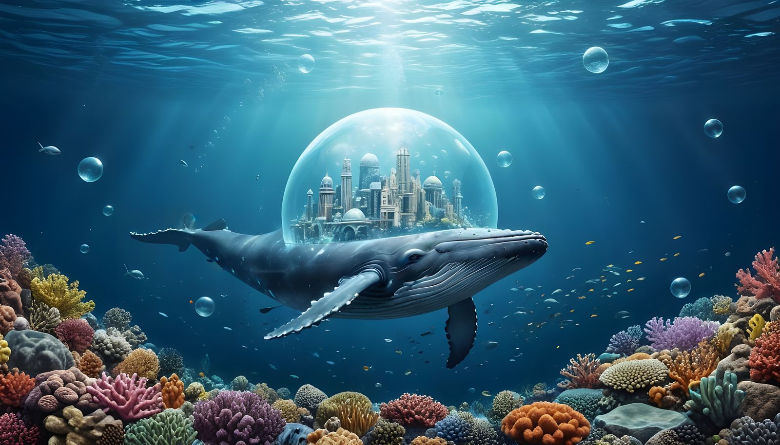 Futuristic Underwater Bubble Dome City with Whale