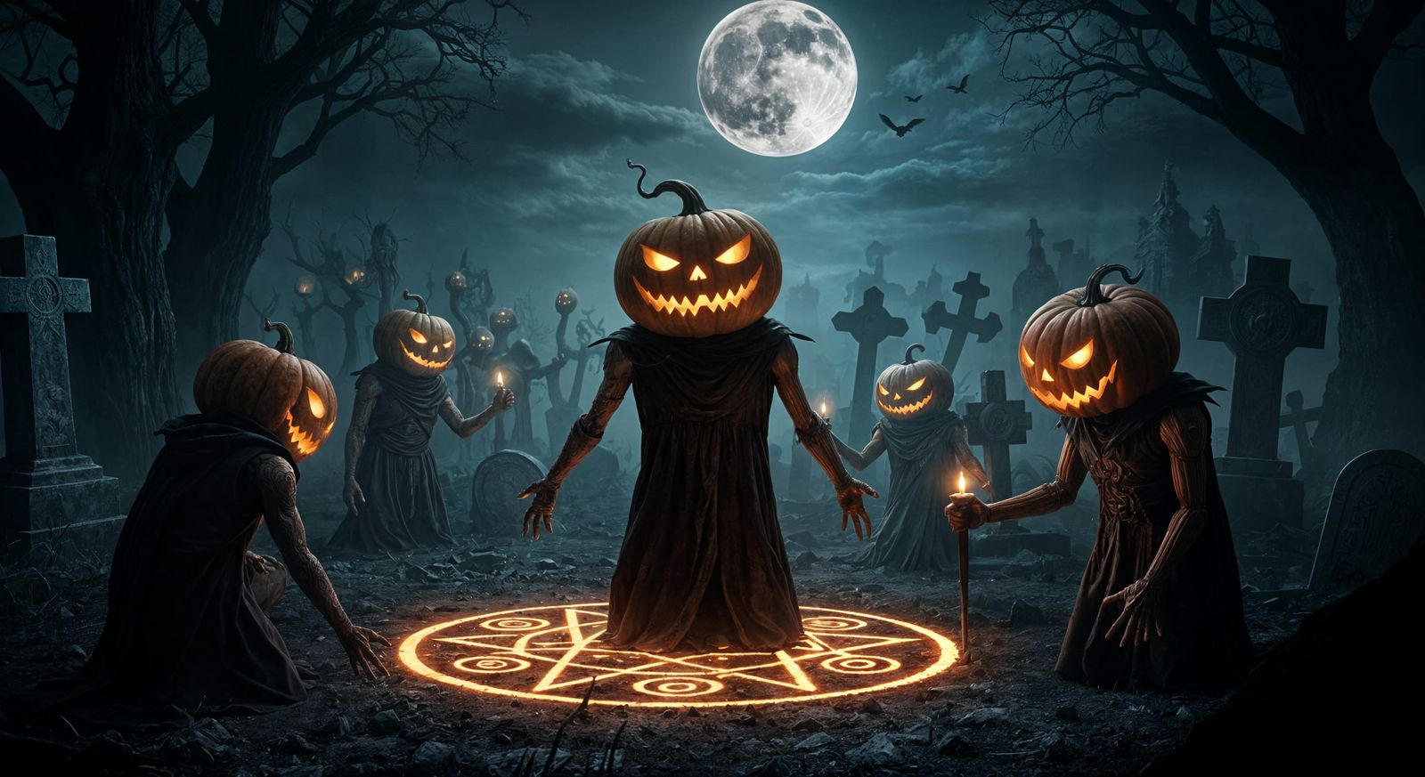 Malevolent Pumpkin Coven Ritual in Moonlit Graveyard