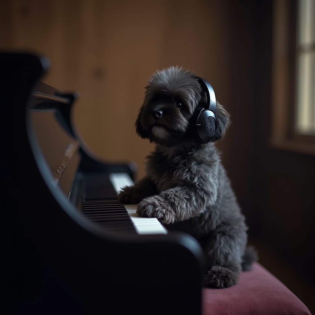 Mysterious Eskipoo Puppy Plays Piano Under Moody Cinematic L...