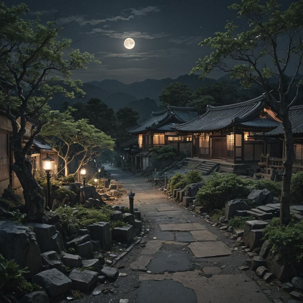 Hyperrealistic Sci-Fi Japanese Village at Night