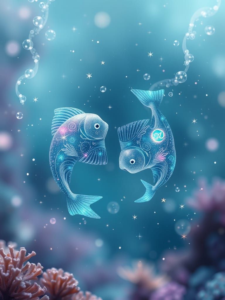 Ethereal Fish in Turquoise Hues Swim Amidst Blurry Underwate...