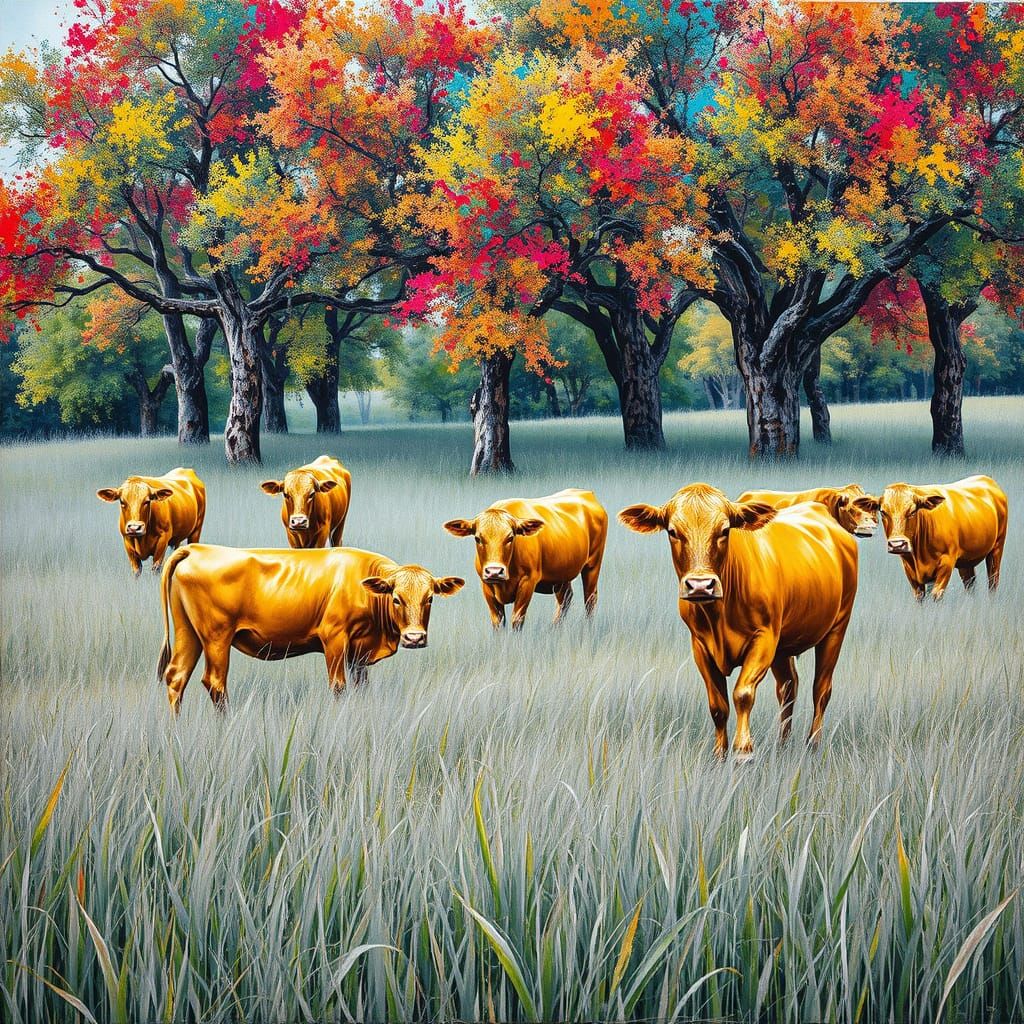 Peaceful Field Scene with Golden Cows and Multicoloured Tree...