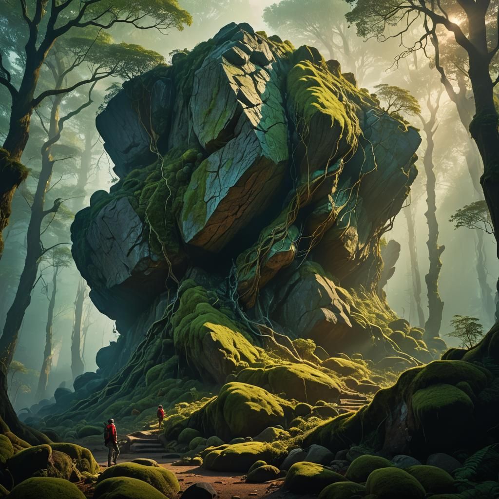 Colossal Rock Monster Attacks in Misty Forest