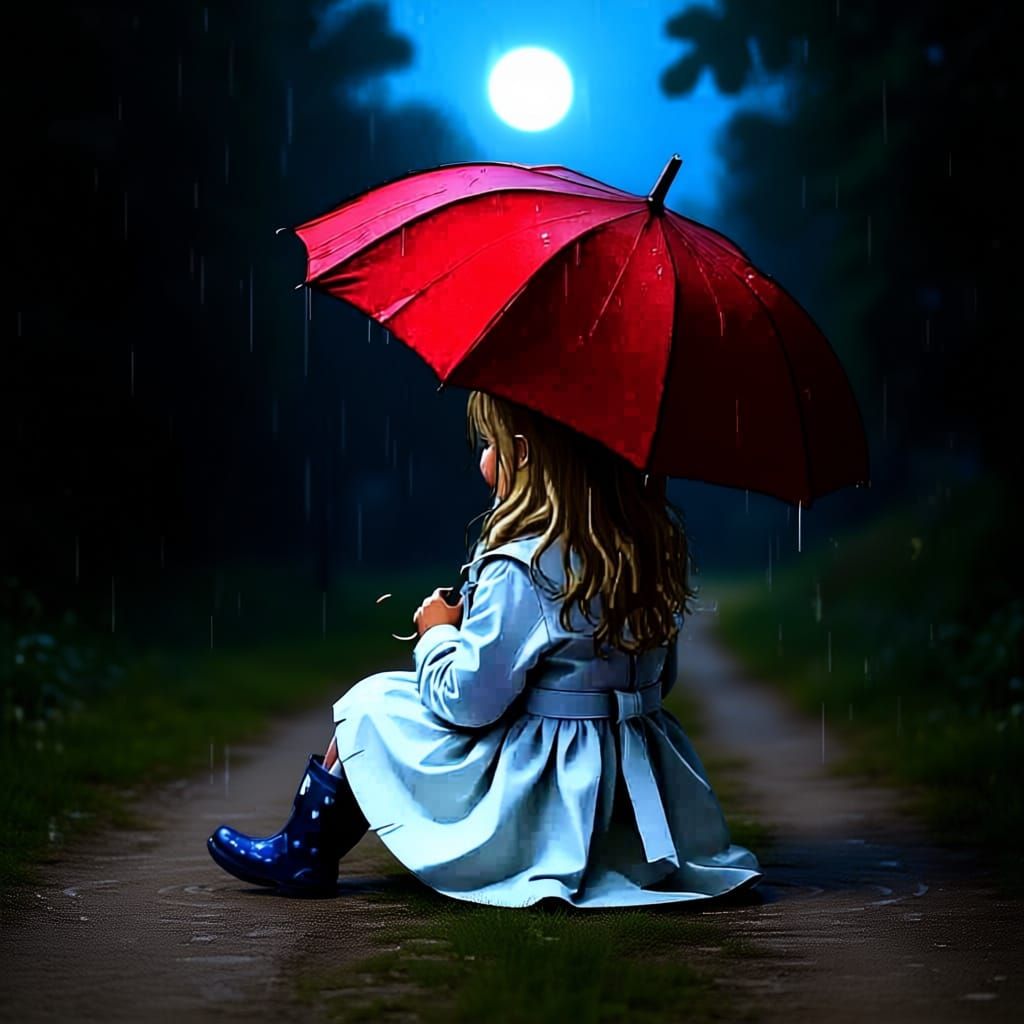 Girl in Raincoat with Red Umbrella, Facing Storm