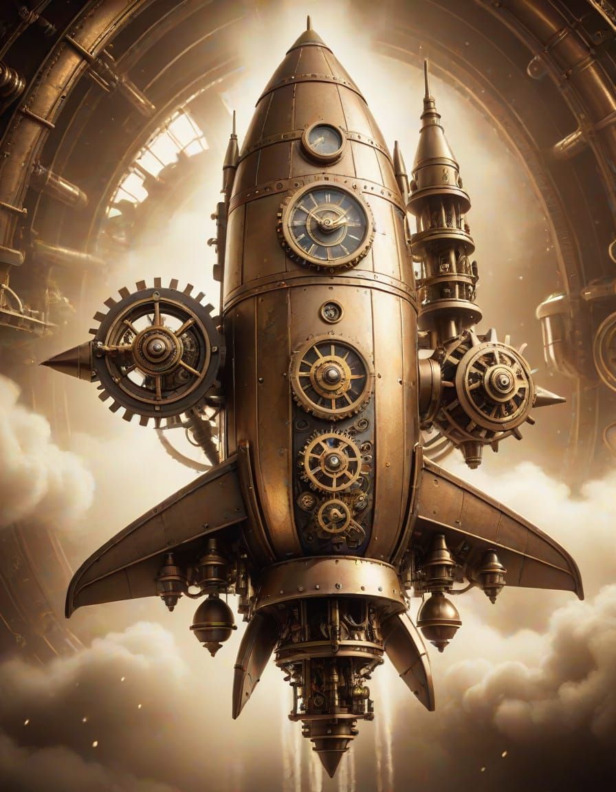 Steampunk Rocket Ship Ascends in Golden Light