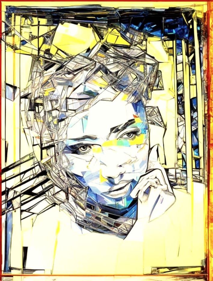 Futuristic Cubist Girl Portrait in Gilded Frame