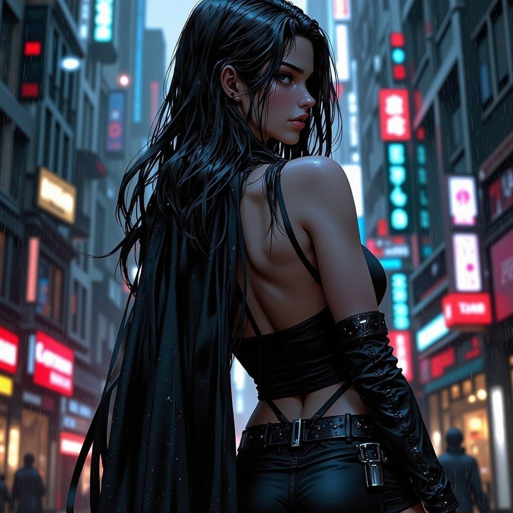 Cyberpunk Assassin in Rain-Soaked Cityscape