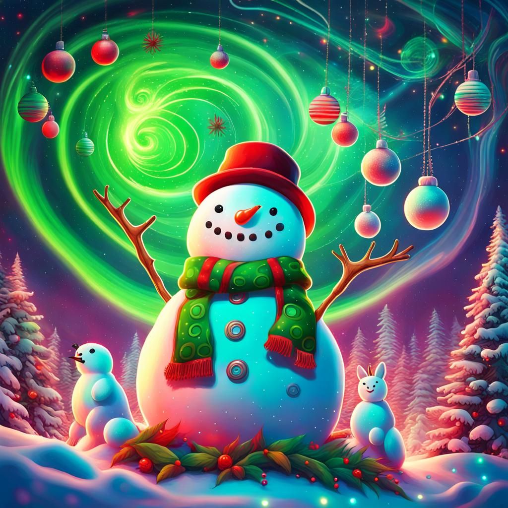 Christmas Snowman with Animals in Astral Cosmic Style