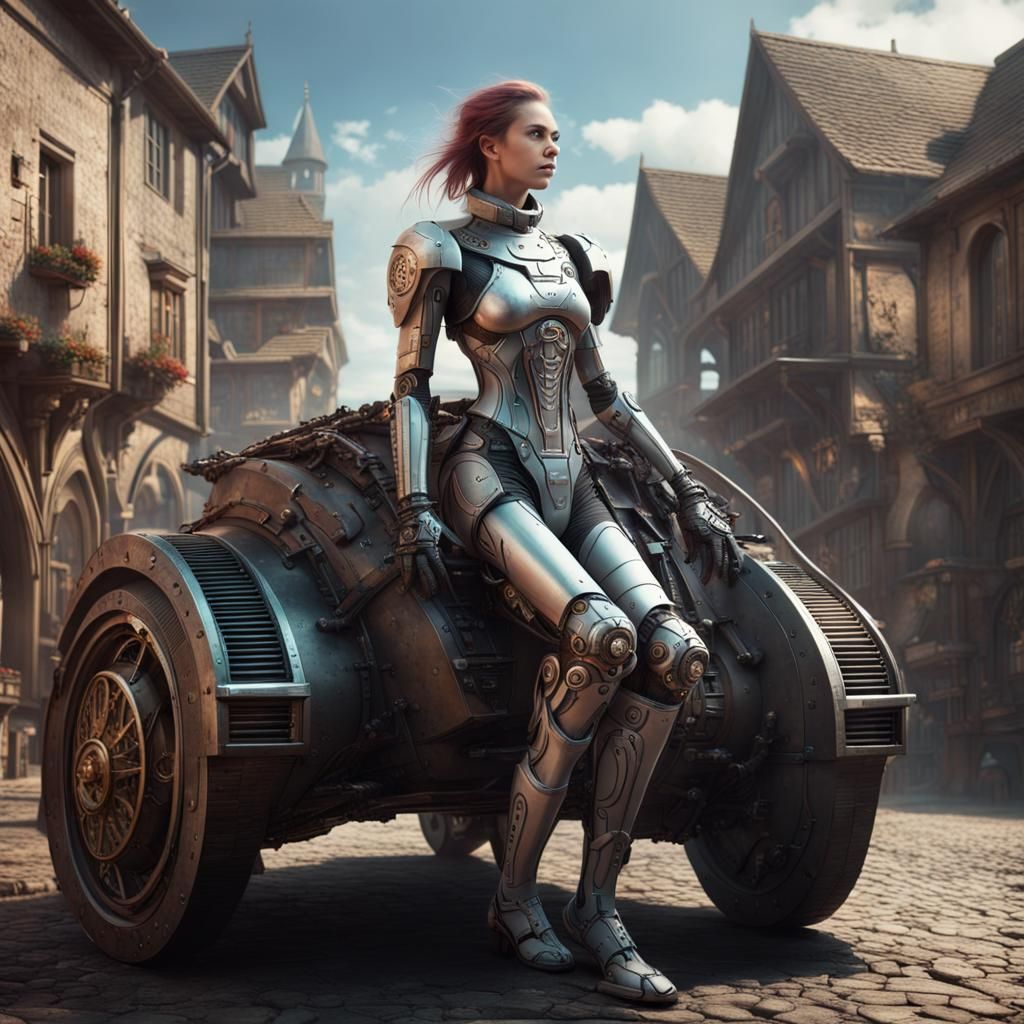 Cyborg in Medieval Town: Maximalist Digital Art