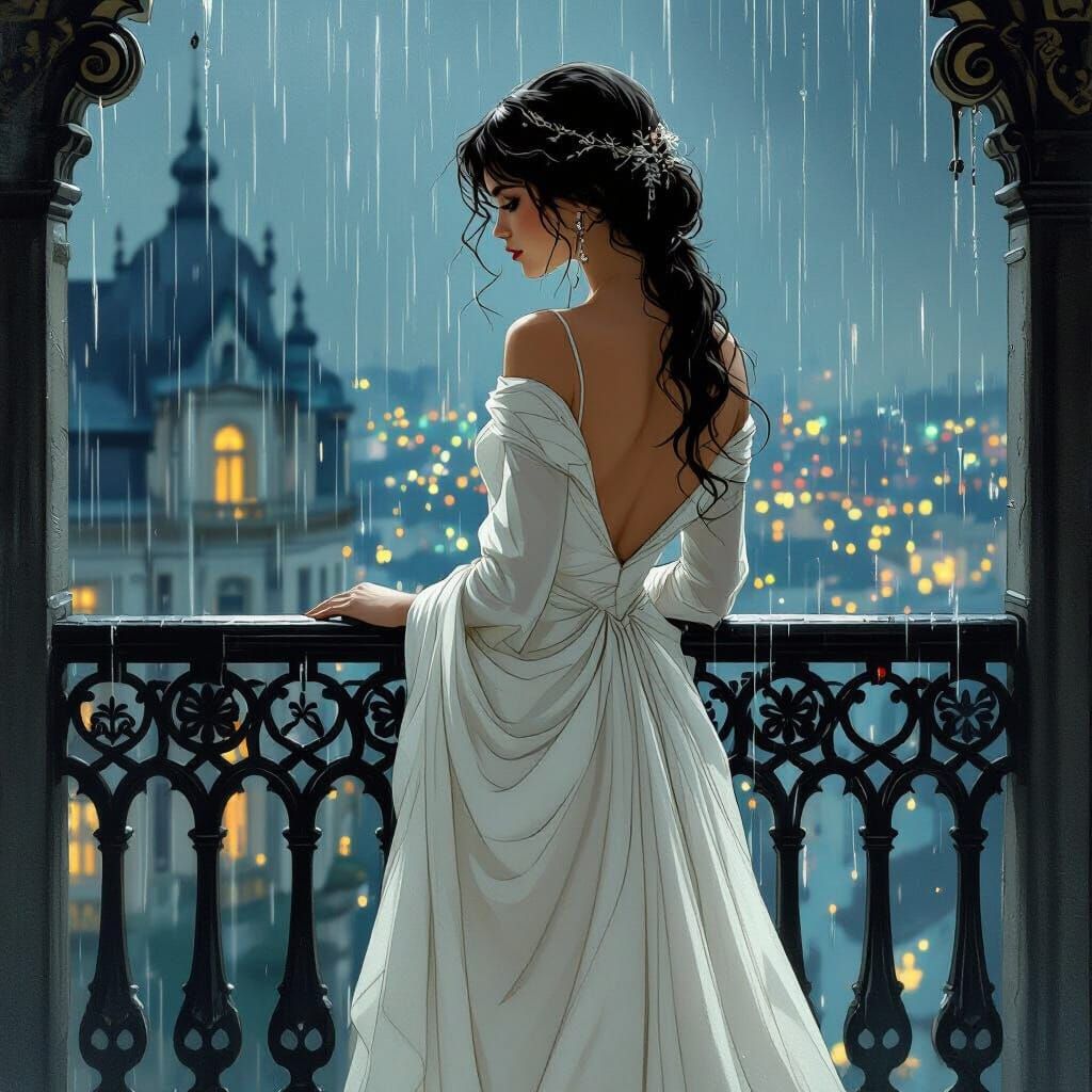 Elegant Woman Gazing at Rainy Night, Art Nouveau Style