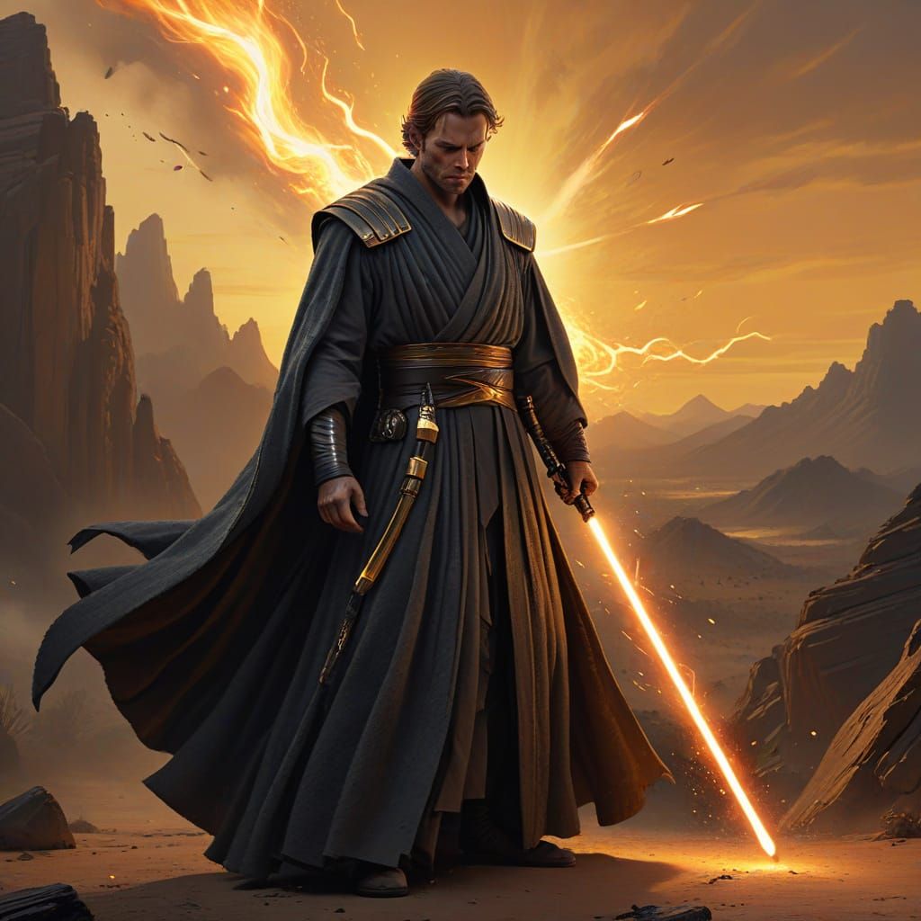 Man in Jedi Robe with Lightsaber and Phoenix