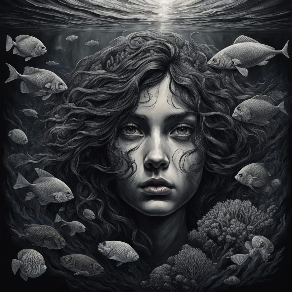 Surreal Oceanic Masterpiece in Charcoal Drawing