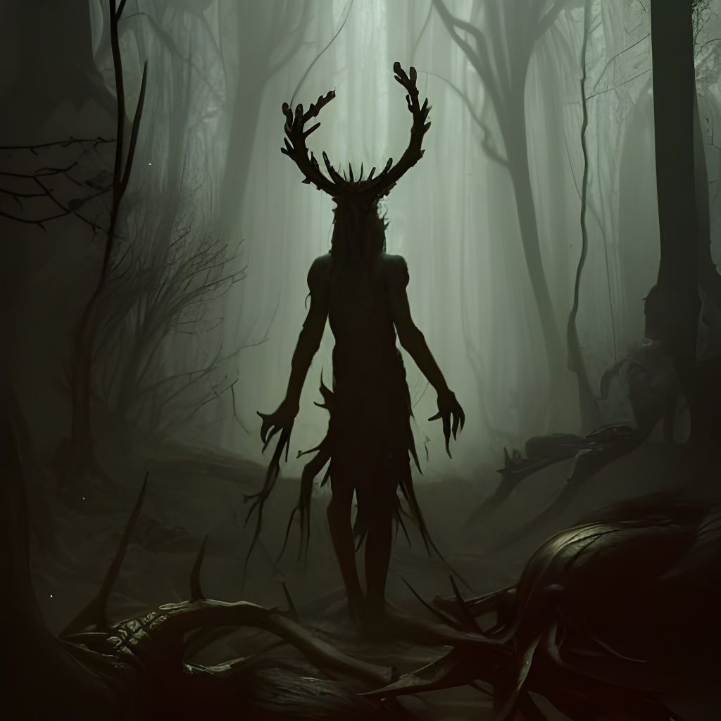 Horrific Forest Mutant with Antlers in Dark Fantasy Style