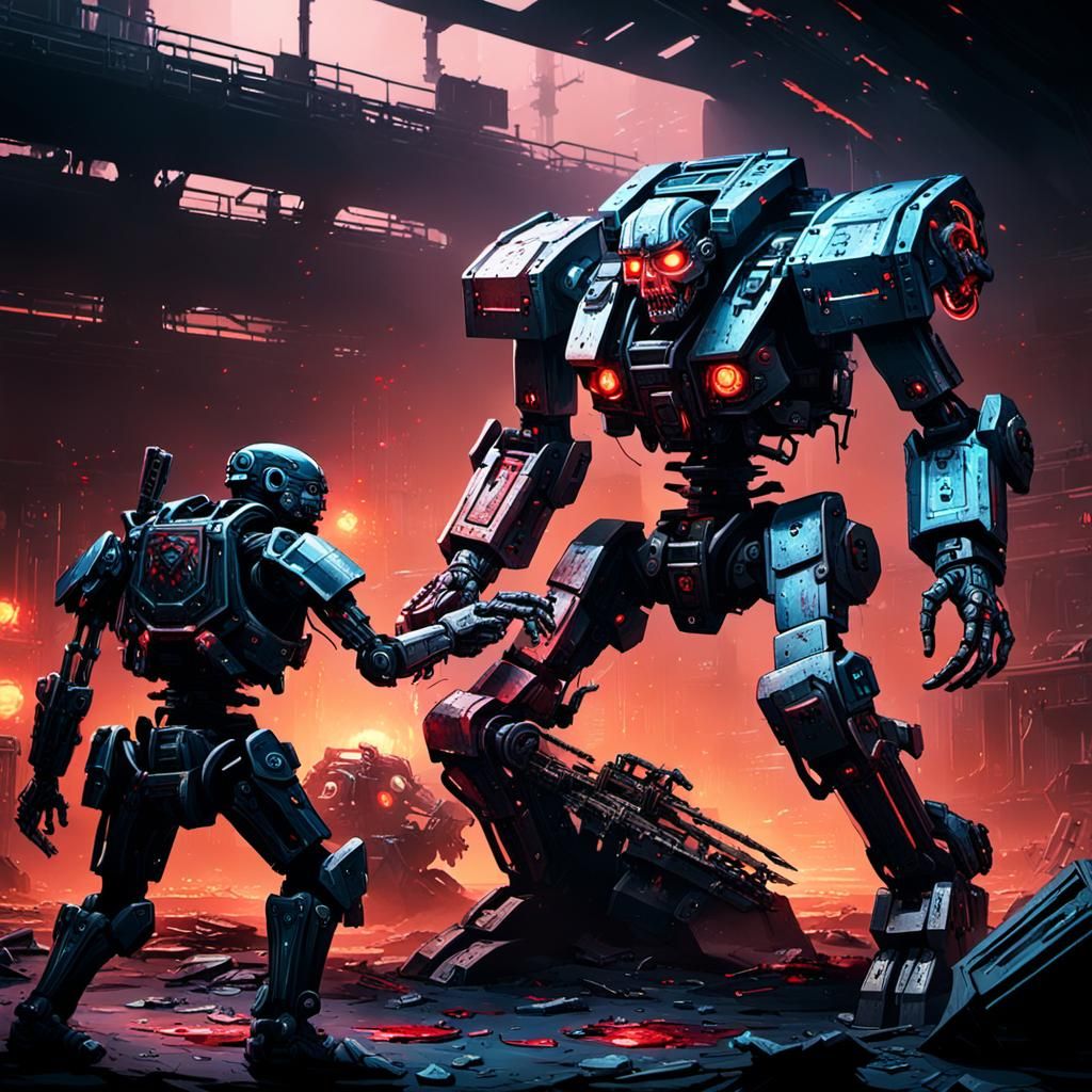 Cyberpunk Mechs Duel in Smoky Arena