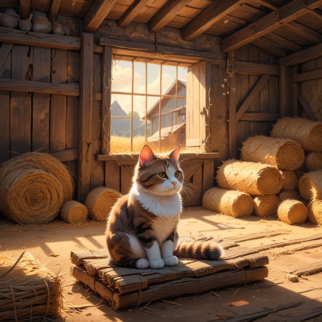 Cat in Barn Concept Art in Studio Ghibli Style