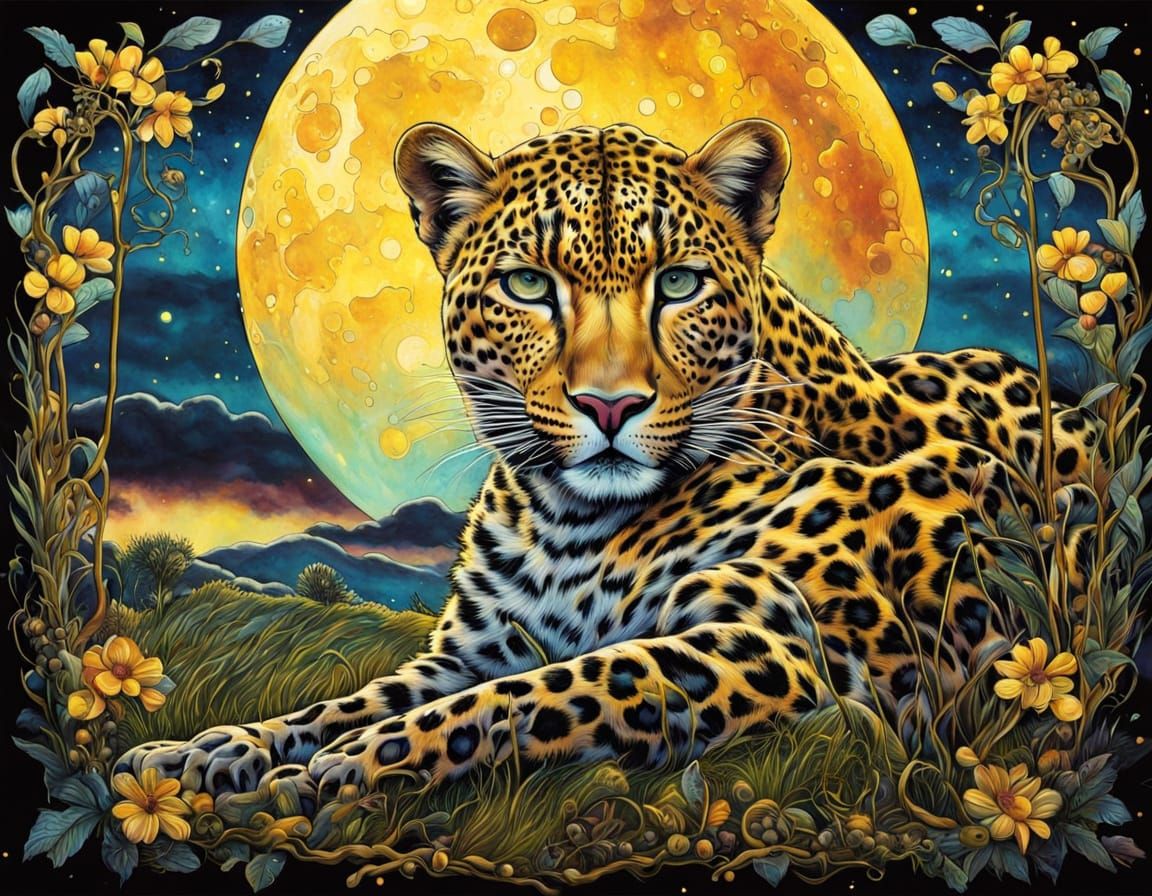 Leopard Under Moon in Illustrative Glasswork Style