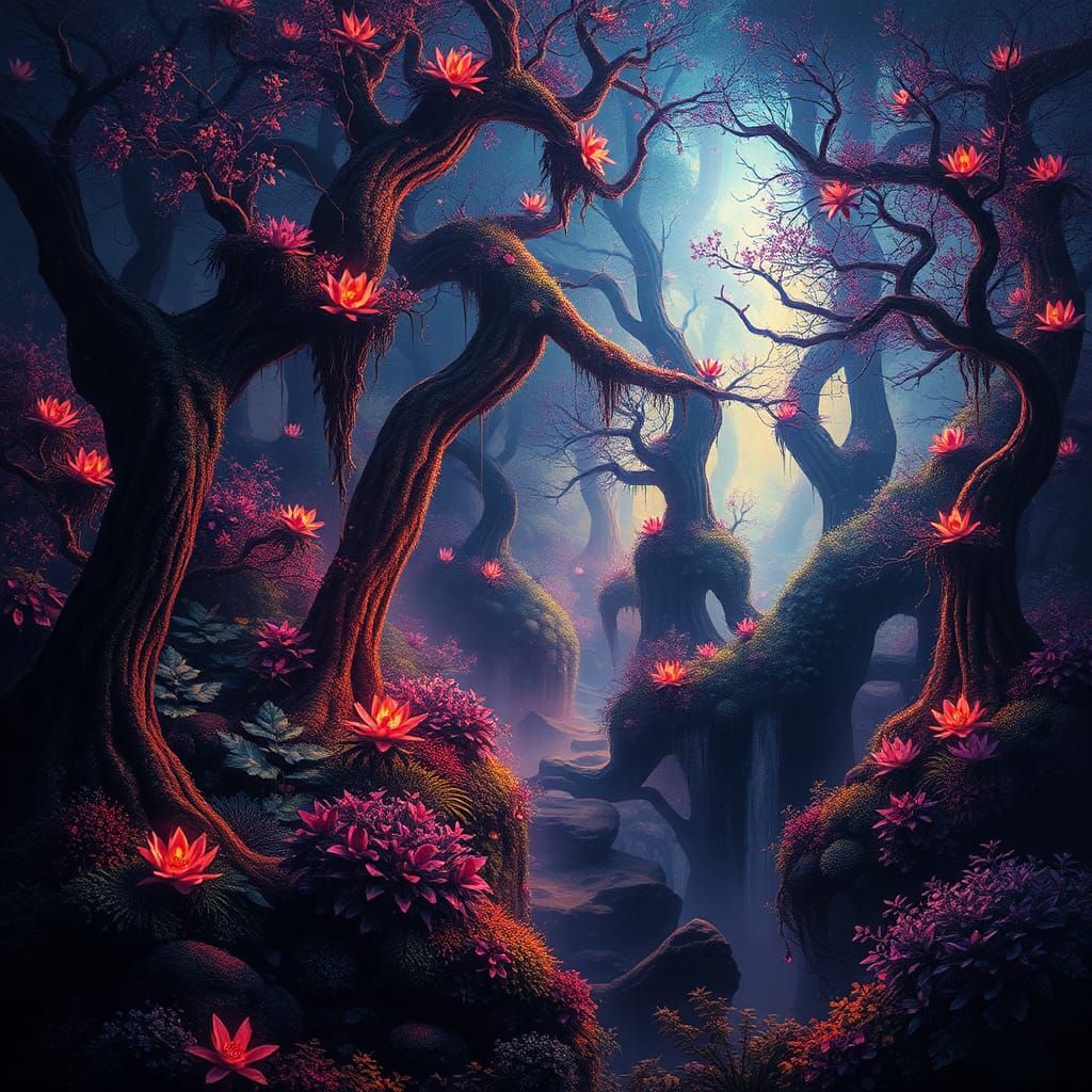 Ethereal Glow in Mystical Forest: a Matte Painting