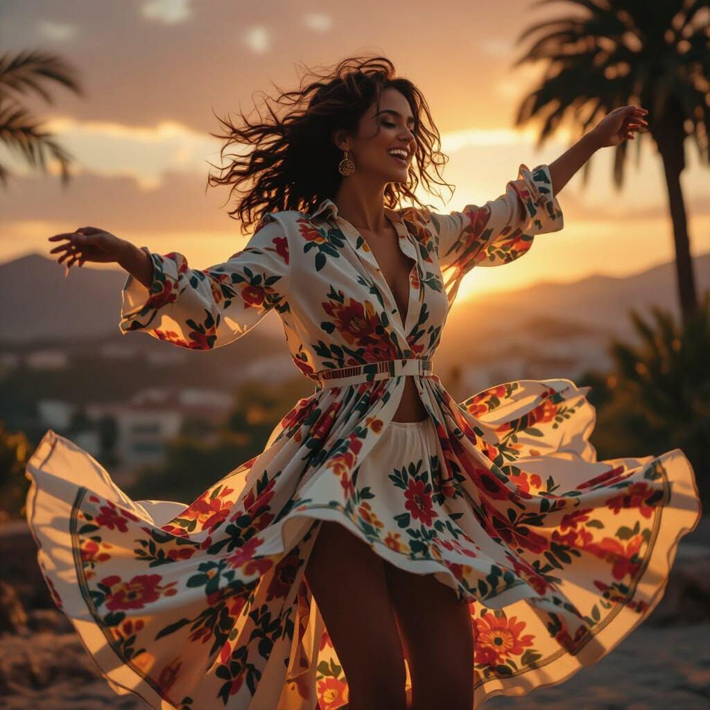 Woman Dancing in Golden Light at Sunset, Digital Matte Paint...