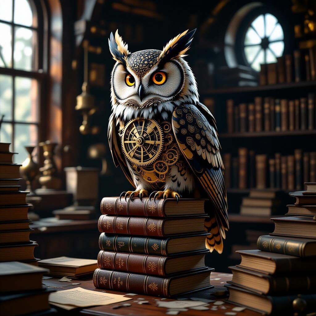 Clockwork Owl on Books in Rembrandt Style