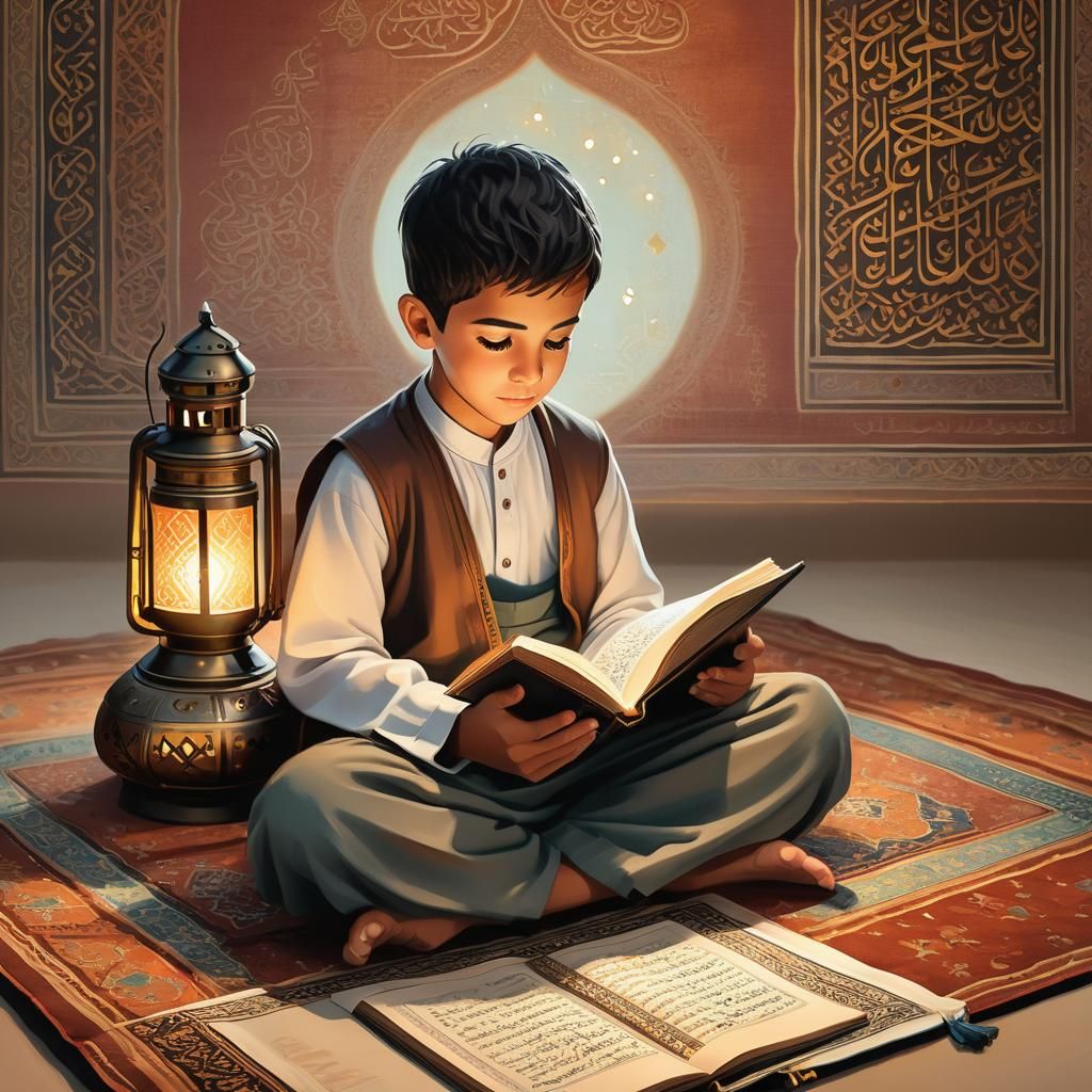 Boy Reading Quran: Vibrant Oil Painting