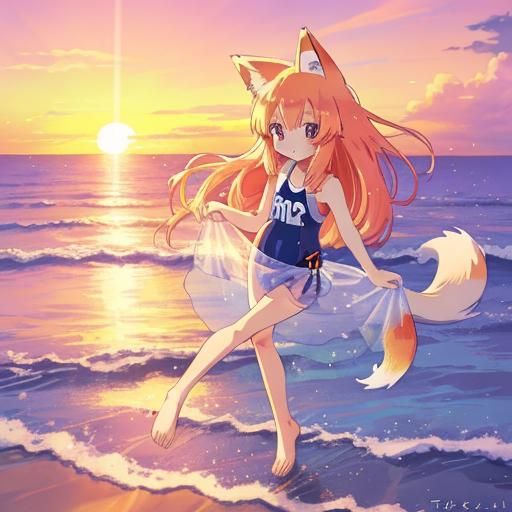 Anime Fox Girl on Beach at Sunset