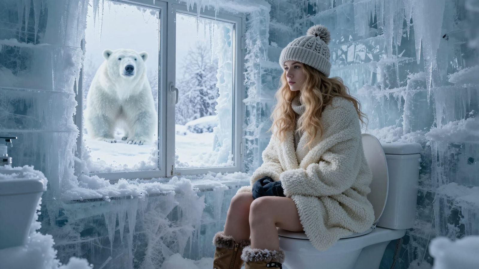 Woman in Icy Bathroom in Extreme Winter Conditions