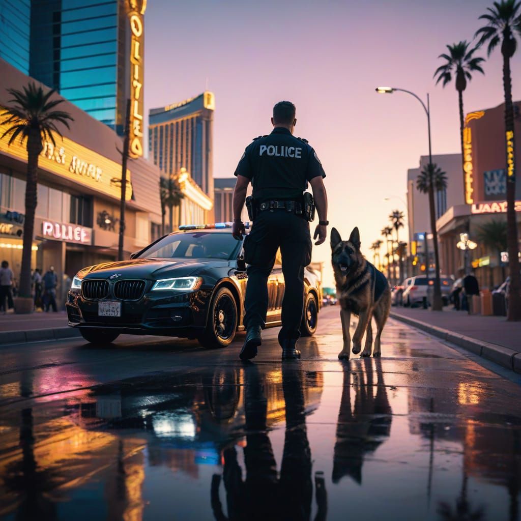 Police Officer and German Shepherd Patrol Las Vegas Streets