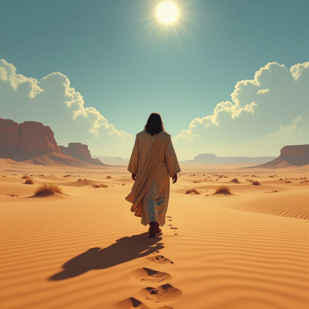 Jesus Christ Walks Through Vast Desert Landscape