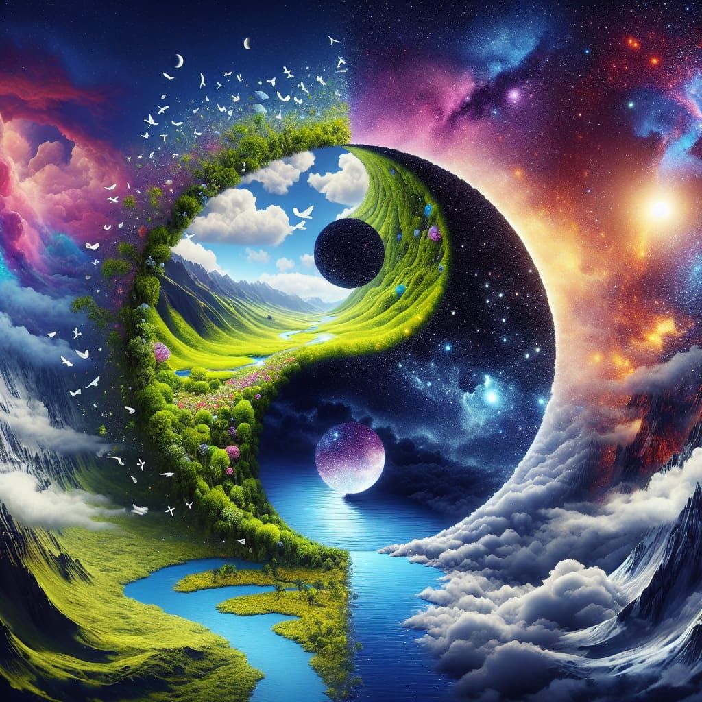 Surreal Yin-Yang Landscape with Contrasting Elements