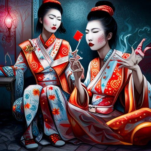 Geishas Smoking in Graffiti Art Style