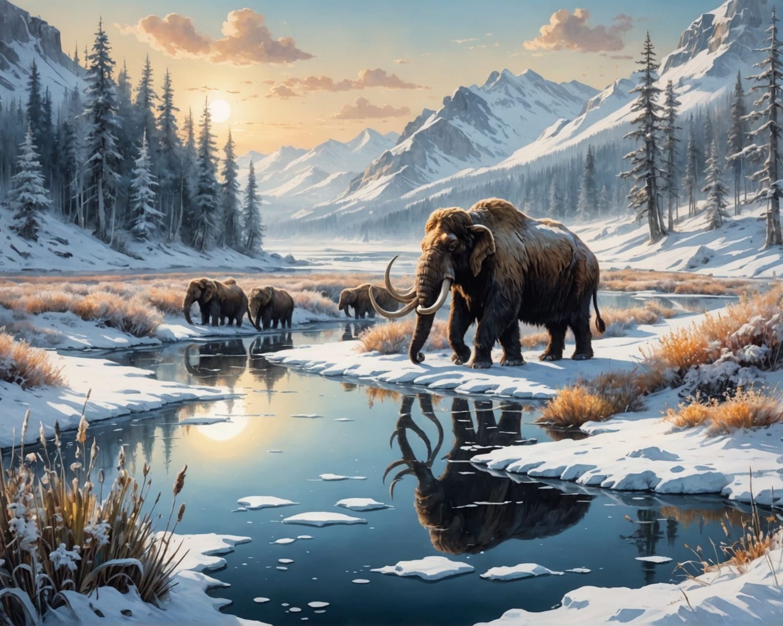 Watercolor Mammoth Horde on Snowy Tundra