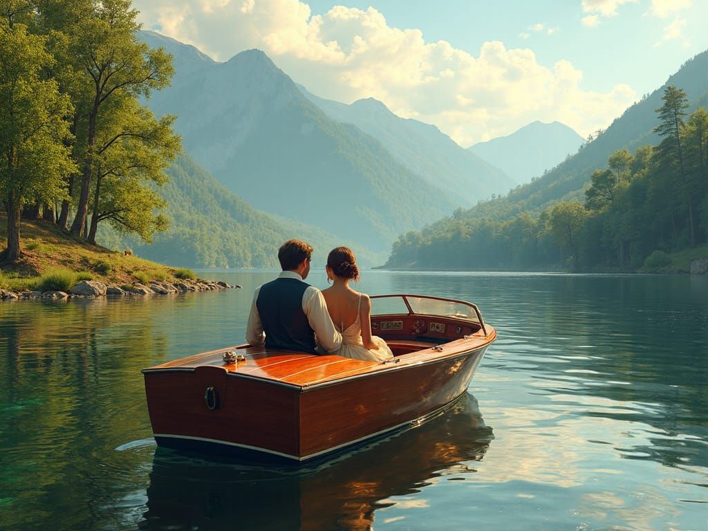 Elegant Summer Couple on Antique Motorboat