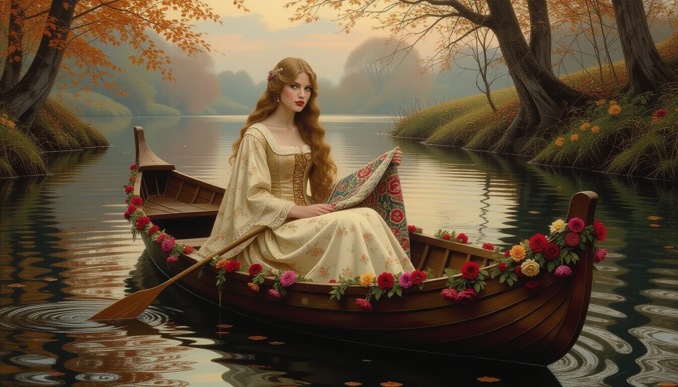 Lady of Shalott Drifting to Camelot in Autumnal Boat