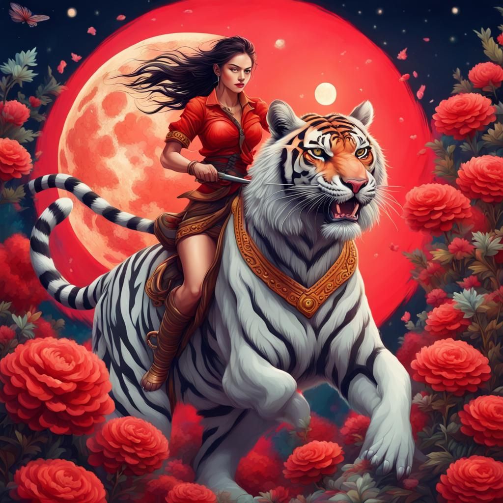 Fantasy Woman Rides Tiger Under Moon in Felt Art