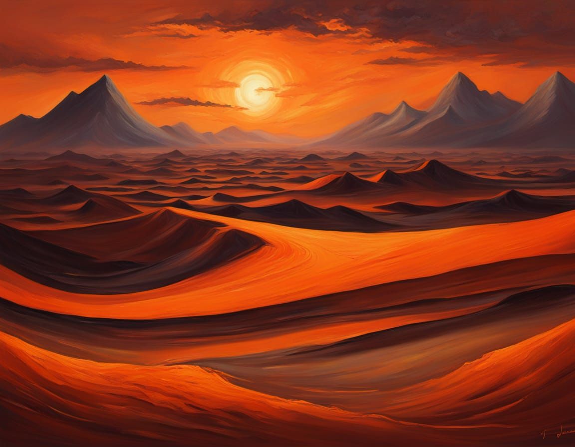 Surreal Tonalism Panorama of Glowing Orange Burning Sand