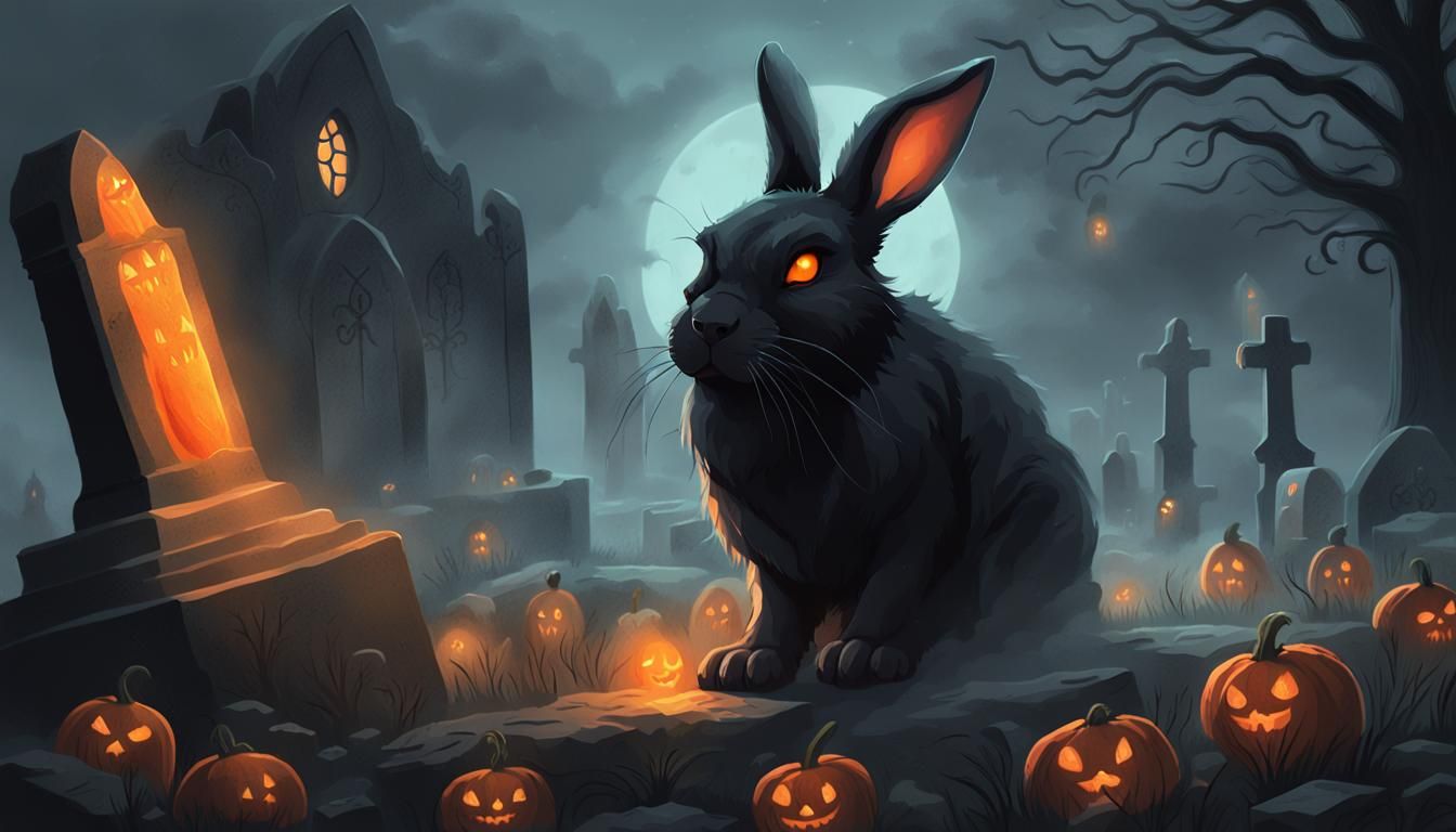 Black Bunny Munching Ghost Carrot in Graveyard