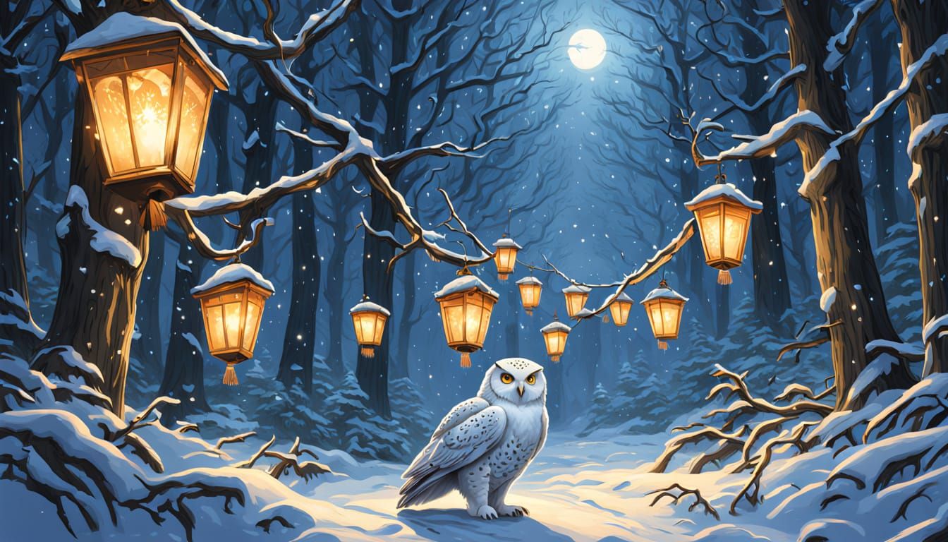 Snow Owl Glides Through Winter Forest in Comic Book Style