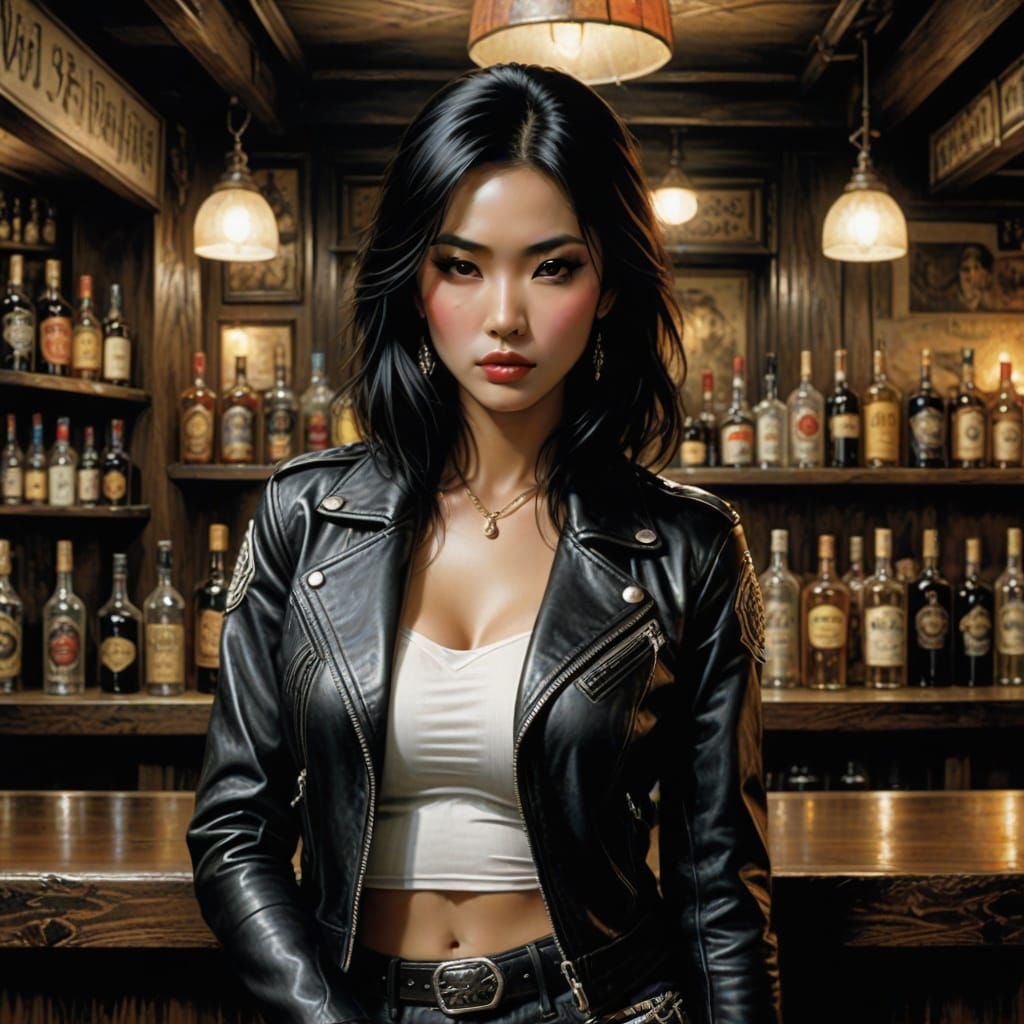 Exotic Asian Woman Leans Against Bar in Dark Dive Bar Scene